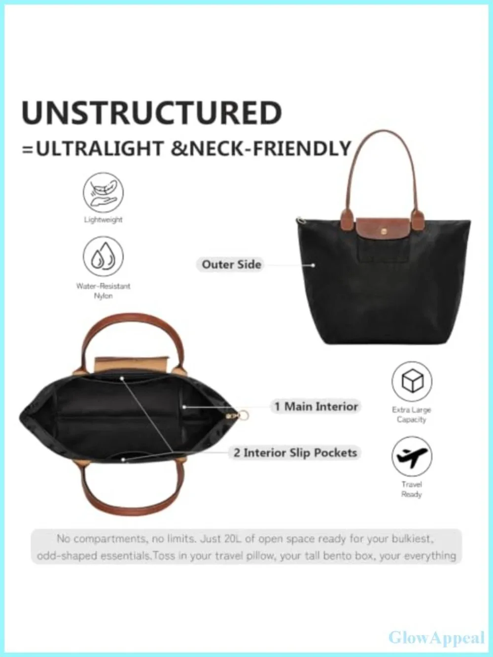 Large Nylon Slouchy Shoulder Tote Bag Waterproof Laptop Travel Work